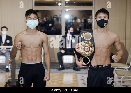 WBA light flyweight super champion Hiroto Kyoguchi (R) of
