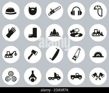 Lumberjack Or Logger Icons Black & White Flat Design Circle Set Big Stock Vector