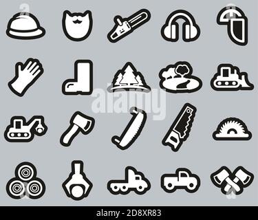 Lumberjack Or Logger Icons White On White Sticker Set Big Stock Vector