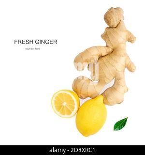Creative layout made of Fresh ginger root  with sliced, green leaves  and lemon fruit  isolated on white background. Top view. Flat lay. Stock Photo