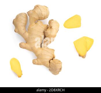 Fresh Ginger root and slice isolated on white background. Top view. Flat lay. Stock Photo