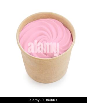 Strawberry  fruit   ice cream isolated on white background, top view. Yogurt ice-cream in paper  cup close up Stock Photo