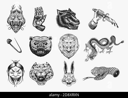 Set of Fashion patches. Tattoo artwork. Bear Dragon Lion Snake Dagger Hare. Hand Drawn Engraved in old vintage sketch. Vector surreal illustration Stock Vector