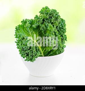 Bowl of Kale salad isolated  on white background. Fresh Kale curly leaves.  Food concept. Stock Photo