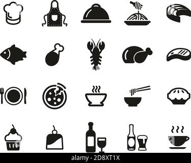 Lunch Or Restaurant Lunch Icons Black & White Set Big Stock Vector