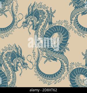 Japanese dragon. Seamless pattern. Mythological animal or Asian reptile Poster or banner. Symbol for tattoo or label. Engraved hand drawn Vintage old Stock Vector