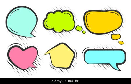 Comic speech bubble set. Different colored blank pop art line doodle bubbles. Cartoon empty text clouds with halftone dot shadow. Comics message balloon template. Isolated on white vector illustration Stock Vector