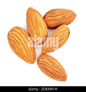 Almonds isolated. Raw Almond nuts on white background. Top view. Flat lay Stock Photo