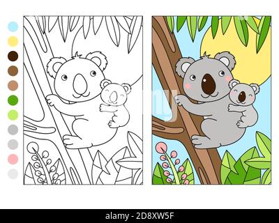 Colorful and black and white pattern for coloring. Cute mom koala with cub in forest. Coloring book and colorful clipart character. Vector EPS8 Stock Vector