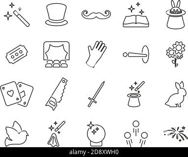 Magic & Illusion Icons Black & White Thin Line Set Big Stock Vector