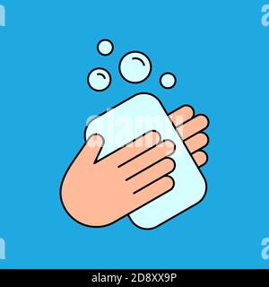 Washing hands with soap bar color icon. Palms with soap bar and bubbles. Wash your hands sign with outline. Clean, sanitize, disinfection. Vector Stock Vector
