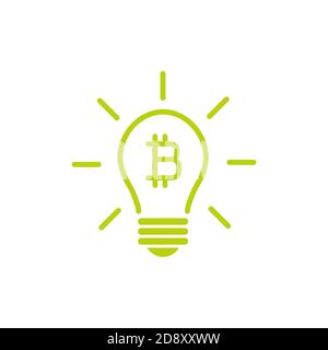 Green bulb with rays and bitcoin sign flat icon. Isolated on white. Electric Light New business idea icon. Money save. Vector illustration. Crypto cur Stock Vector