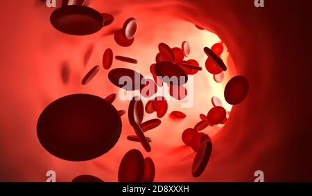 Close-up view on red blood cells in human vein. 3D rendered illustration. Stock Photo