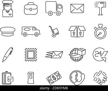 Mail Man Or Post Office Worker Icons Black & White Thin Line Set Big Stock Vector