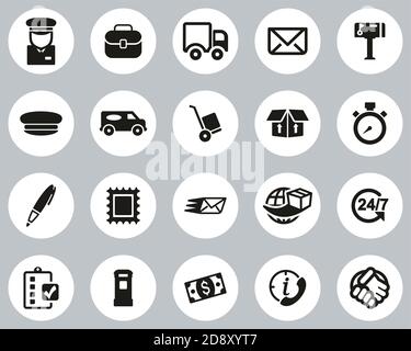 Mail Man Or Post Office Worker Icons Black & White Flat Design Circle Set Big Stock Vector