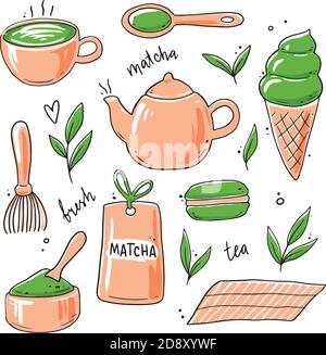Set of hand drawn matcha tea ingredient and traditional ceremony elements, cup, spoon, matcha leaf. Doodle sketch style illustration. Stock Vector
