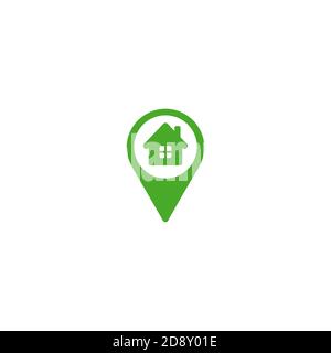 green location icon with house silhouette. GPS pointer. Favorite place. home map pin. Navigator guide button. Vector simple button. pictogram isolated Stock Vector