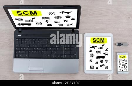 Scm concept shown on different information technology devices Stock Photo