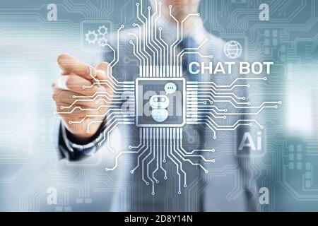Chatbot computer program designed for conversation with human users over the Internet. Support and customer service automation technology concept. Stock Photo