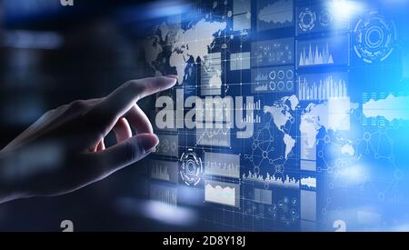 Business intelligence dashboard with graph and icons. Big data. Trading and investment. Modern technology concept on virtual screen. Stock Photo
