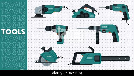 Set of power tools in green and black color. Home repair Stock Vector
