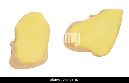Fresh ginger slice  isolated on white background. Ginger root pieces Top view. Flat lay. Stock Photo