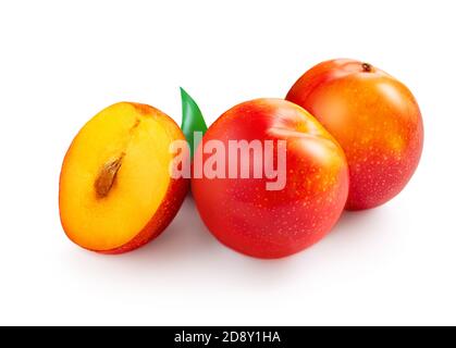 Fresh ripe whole and cut Plums with leaves isolated on white background. Stock Photo