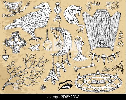 Set of scary Halloween traditional symbols and objects with crow, coffin, pentagram and dreamcatcher. Hand drawn vector illustration for coloring. Doo Stock Vector