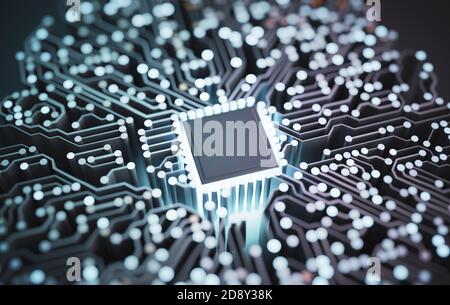 Artificial intelligence and quantum compiting concept. Circuit with glowing microchip. 3D rendered illustration. Stock Photo