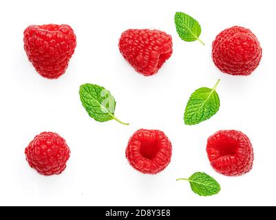 Raspberry and mint leves isolated on white background. Fresh Raspberries,  flat lay. Top view Stock Photo