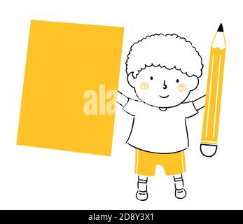 Illustration of a Kid Boy Student Holding a Big Blank Paper and Pencil Stock Photo