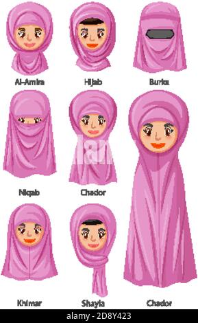 Types of Islamic traditional veils of female in cartoon character ...