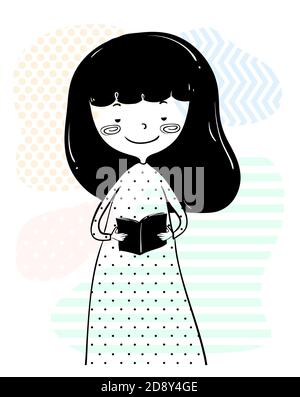 Illustration of a Girl Doodle Holding and Reading a Small Book Stock Photo