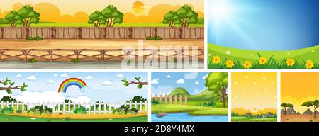 Set of different nature place scene in vertical and horizon scenes at daytime illustration Stock Vector