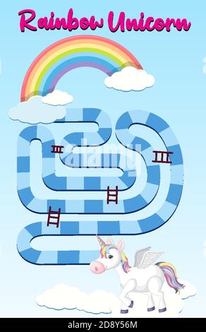 Rainbow unicorn board game template for preschool kids illustration Stock Vector