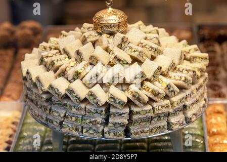 Plate with Turkish delight, sweet pastry at a shop in Turkey Stock Photo