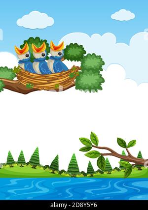 Chicks in nest on tree branch illustration Stock Vector