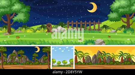 Four background different nature scenes with green trees in different times illustration Stock Vector
