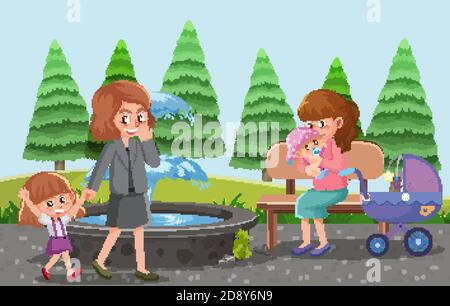 Parents take their children and baby stroller to the park cartoon style illustration Stock Vector