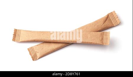 Two Sugar Stick. Sugar in paper kraft packaging. Mock up for design isolated on white background Stock Photo