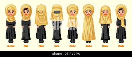 Types of Islamic traditional veils of female in cartoon character ...