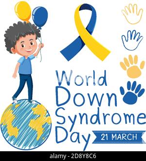 World Down Syndrome on 21 March with cute boy and yellow - blue ribbon sign illustration Stock Vector