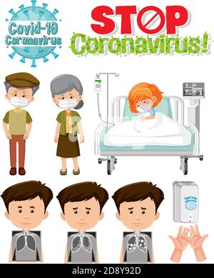 Stop coronavirus logo with set of patients in different cartoon character illustration Stock Vector