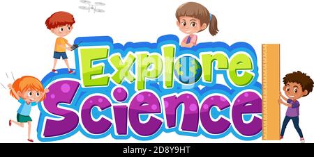 Explore science logo with different kids isolated illustration Stock Vector
