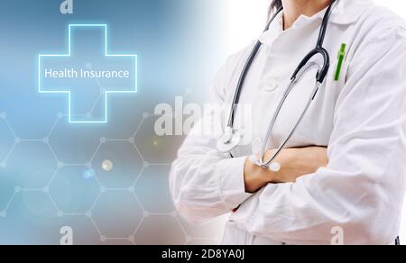 CONCEPTUAL PHOTOGRAPH OF DOCTOR WITH ICONS RELATED TO HEALTH AND MEDICINE Stock Photo