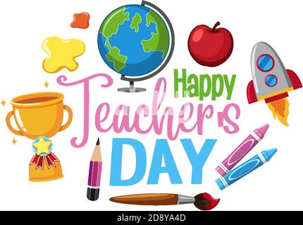 Happy Teacher's Day logo with set of stationary elements illustration Stock Vector