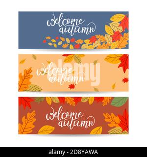 Set of three vector banners with colorful autumn leaves. Stock Vector