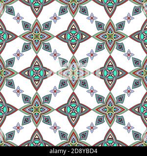 Abstract colorful ornament, oriental curve swirls seamless pattern with flowers and curl, openwork. Multicolored tracery on white background, for Stock Vector