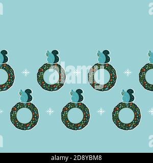 Vector stylized christmas squirrel border. Seamless geometric xmas pattern with stylized squirrel and wreath on bright blue background. Perfect for fabric, gift wrap and home decor. Stock Vector