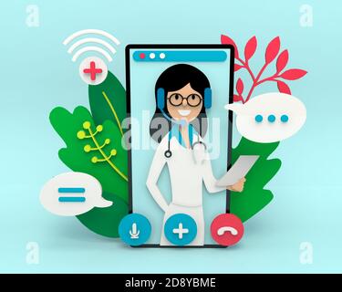 Video call with doctor while staying at home. Video conference call with general practitioner on mobile.  Remotely online consultation. Online healthc Stock Photo